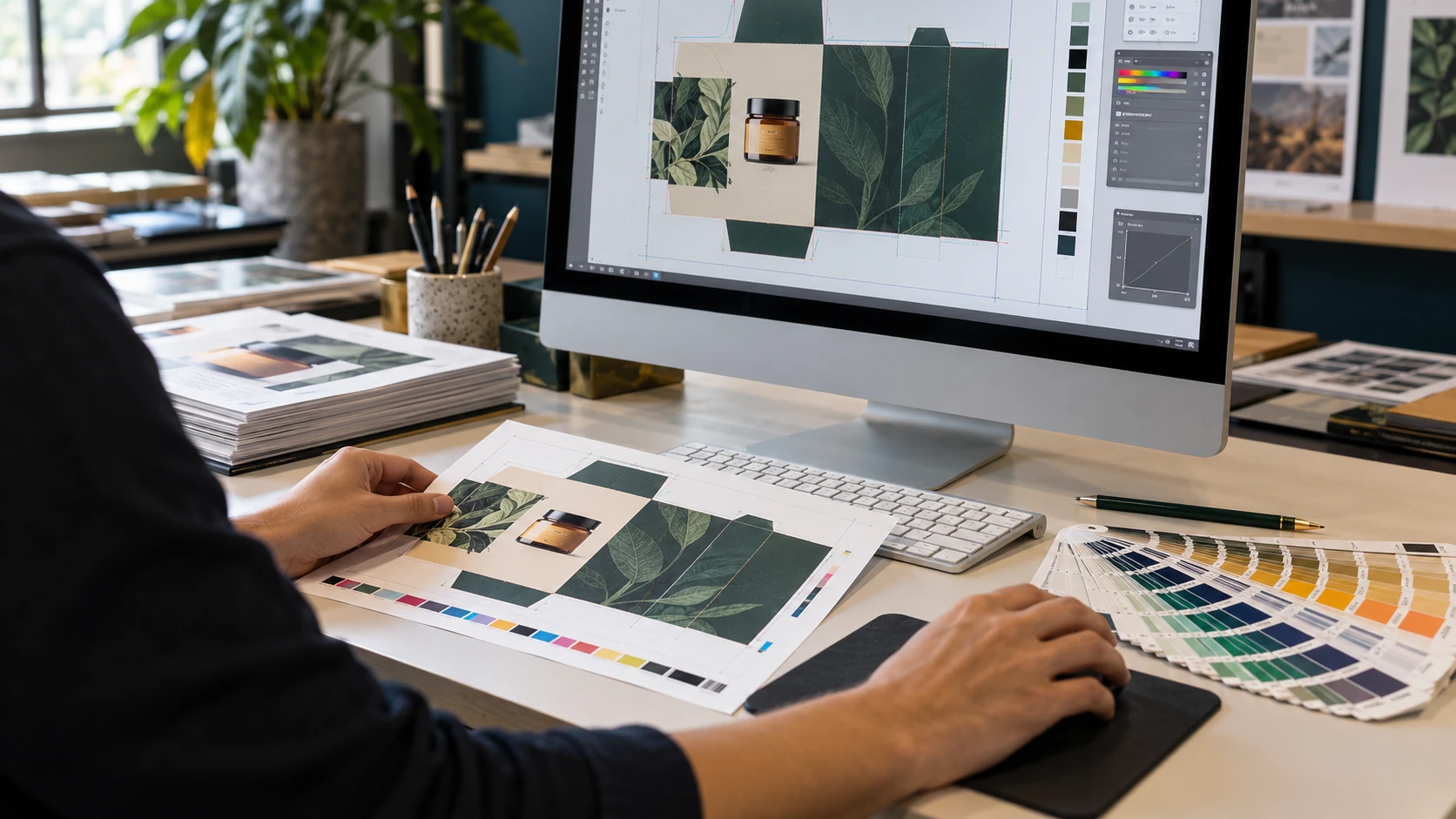 A pre-press operator compares a printed packaging proof and colour guide with artwork on a desktop display, using a mouse.